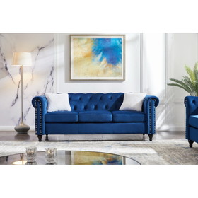 3-Seater Sofa with Button and Copper Nail on Arms and Back, Two White Villose Pillow, Velvet Blue (82.5"x34.5"x30") W487S00107