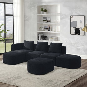 L Shape Sectional Sofa including Two Single Seats, Left Side Chaise and Two Ottomans, Modular Sofa, DIY Combination, Loop Yarn Fabric, Black