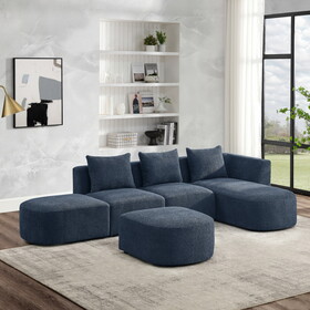 L Shape Sectional Sofa with Right Side Chaise and Ottoman, Modular Sofa, DIY Combination, Loop Yarn Fabric, Navy