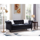 3-Seater Sofa with Button and Copper Nail on Arms and Back, Two White Villose Pillow, Velvet Black (82.5