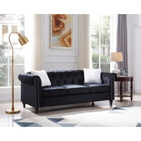 3-Seater Sofa with Button and Copper Nail on Arms and Back, Two White Villose Pillow, Velvet Black (82.5"x34.5"x30") W487S00164