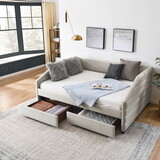 Full Size Daybed with Two Drawers Trundle Upholstered Tufted Sofa Bed, Linen Fabric, Beige (82.5