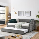 Full Size Daybed with Trundle Upholstered Tufted Sofa Bed, Linen Fabric, Grey (82.5
