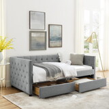 Upholstered Twin Size Daybed with Two Drawers, with Button and Copper Nail on Square Arms, Grey (82.75