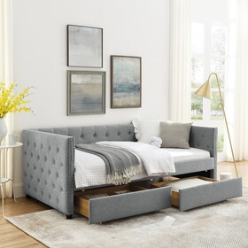 Upholstered Twin Size Daybed with Two Drawers, with Button and Copper Nail on Square Arms, Grey (82.75"x43"x30.75") W487S00180