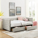 Upholstered Twin Size Daybed with Two Drawers, with Button and Copper Nail on Square Arms, Beige (82.75