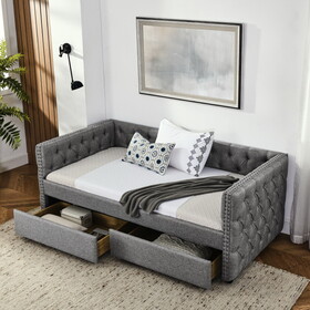 Upholstered Twin Size Daybed with Two Drawers, with Button and Copper Nail on Square Arms, Grey (82.75"x43"x30.75") W487S00216
