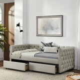 Upholstered Twin Size Daybed with Two Drawers, with Button and Copper Nail on Square Arms, Beige (82.75