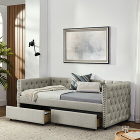 Upholstered Twin Size Daybed with Two Drawers, with Button and Copper Nail on Square Arms, Beige (82.75"x43"x30.75") W487S00217