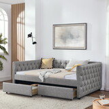 Upholstered Full Size Daybed with Two Drawers, with Button and Copper Nail on Square Arms, Grey (82.75