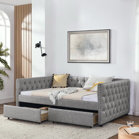 Upholstered Full Size Daybed with Two Drawers, with Button and Copper Nail on Square Arms, Grey (82.75"x58"x30.75") W487S00218