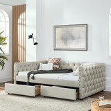 Upholstered Full Size Daybed with Two Drawers, with Button and Copper Nail on Square Arms, Beige (82.75