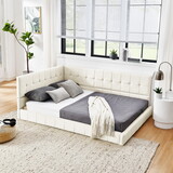 Full Size Upholstered Tufted Bed Frame, Sofa Bed Frame with Comfortable Backrest and Armrests, Full Size Bed for Bedroom, Living Room,Velvet, Beige(80.5