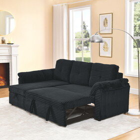 Corduroy Tufted Upholstered Sleeper Sectional Sofa, L-Shaped Modular Convertible Sofa with Reversible Storage Chaise, Pull Out Sleep Couch Bed and Reclining Backrest Perfect for Living Space, Black