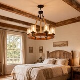 23.62 INCH Round Wood Pendant Light with Seeded Glass Shade, Rustic 6-Light Wagon Wheel Chandelier,Farmhouse Chandeliers for Dining Room Kitchen Island Foyer Entryway (8 Light)--NO INCLUDED BULBS