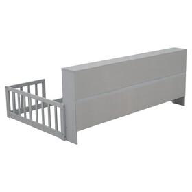 Twin Floor Bed with Bedside Bookcase, Shelves, Guardrails, Grey W504142770