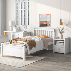 Twin Bed with Headboard and Footboard for Kids, Teens, Adults, with a Nightstand, Wite