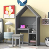 House-Shaped Desk with a Cushion Stooll, Gray