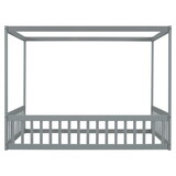 Full Size Canopy Frame Floor Bed with Fence, Guardrails,Grey