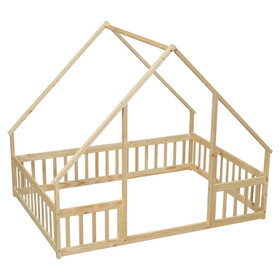 Full Wood House-Shaped Floor Bed with Fence, Guardrails,Natural