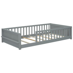 Twin size Floor Platform Bed with Built-in Book Storage Rack,Grey