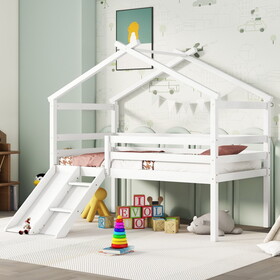 Twin Low Loft House Bed with Slide, Ladder, Safety Guardrails, House Roof Frame, White W504P145268