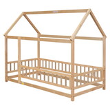 Twin Size Floor Wooden Bed with House Roof Frame, Fence Guardrails W504P174634