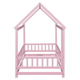 Twin Size Floor Wooden Bed with House Roof Frame, Fence Guardrails,Pink W504P174635