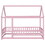 Twin Size Floor Wooden Bed with House Roof Frame, Fence Guardrails,Pink W504P174635