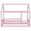 Twin Size Floor Wooden Bed with House Roof Frame, Fence Guardrails,Pink W504P174635