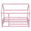 Twin Size Floor Wooden Bed with House Roof Frame, Fence Guardrails,Pink W504P174635