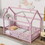 Twin Size Floor Wooden Bed with House Roof Frame, Fence Guardrails,Pink W504P174635