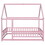 Full Size Floor Wooden Bed with House Roof Frame, Fence Guardrails,Pink W504P174640