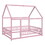 Full Size Floor Wooden Bed with House Roof Frame, Fence Guardrails,Pink W504P174640