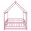 Full Size Floor Wooden Bed with House Roof Frame, Fence Guardrails,Pink W504P174640