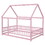 Full Size Floor Wooden Bed with House Roof Frame, Fence Guardrails,Pink W504P174640