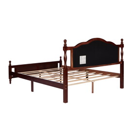 Queen Pine wooden Bed with Upholstered Headboard and Panel Footboard, with Two Bed Rail Support Feet and Central Platform Support Feet,Classic Cherry