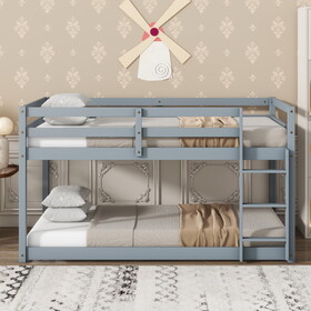 Solid Wooden, Solid Rubber Wooden Twin over Twin Loft Bed with Ladder, with Bed Platform of Strengthened Slats, Grey