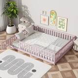 Queen Size Floor Bed with Fence,Door,Rubber Wood Floor Bed with Safety Guardrails,Pink W504P286386