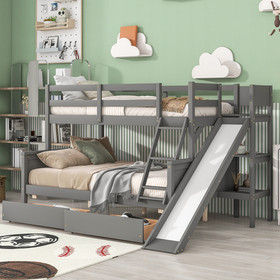 Twin Over Full Bunk Bed with 2 Drawers, Slide, Shelves Gray W504S00061
