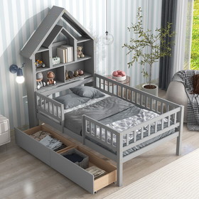 Twin Size House-Shaped Headboard Bed with Fence Guardrails and Drawers, Gray