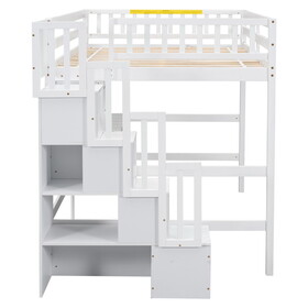 Full Size Loft Bed with Built-in Desk, Bookshelves and Storage Staircase,White W504S00109