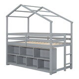 Twin House Loft Bed with Roof Frame, Under Bed Shelving Storage Unit, Guardrails, Ladder,Grey