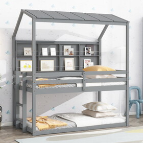 Twin House Loft Bed with Guardrails, Semi-enclosed Roof, Bedside Shelves and Ladder, Grey