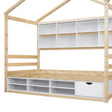 Twin House Bed with Roof Frame, Bedside-shelves, Under Bed Storage Unit,Natural
