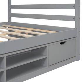Full House Bed with Roof Frame, Bedside-shelves, Under Bed Storage Unit,Grey
