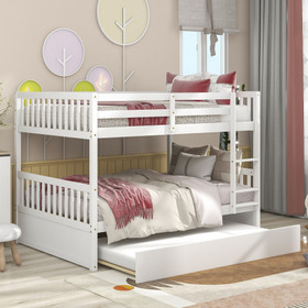 Full Over Full Bunk Bed with Trundle, Convertible to 2 Full Size Platform Bed, Full Size Bunk Bed with Ladder and Safety Rails for Kids, Teens, Adults, White W504S00249