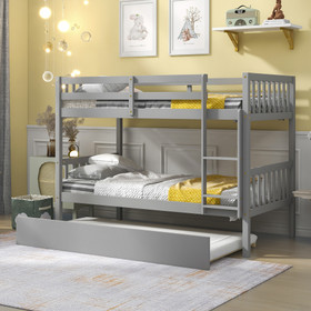 Twin Over Twin Bunk Beds with Trundle, Solid Wood Trundle Bed Frame with Safety Rail and Ladder, Kids/Teens Bedroom, Guest Room Furniture, Can be Converted Into 2 Beds, Grey W504S00254
