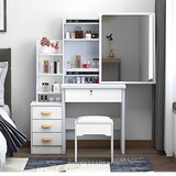 Fashion Vanity Desk with Mirror and Lights for Makeup and Chair, Vanity Mirror with Lights and Table Set with 3 Color Lighting Brightness Adjustable, 4 Drawers, White Color W509120066