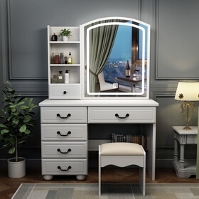 Fashion Vanity Desk with Mirror and Lights for Makeup, Vanity Mirror with Lights and Table Set with 3 Color Lighting Brightness Adjustable, 6 Drawers, White Color W509120067